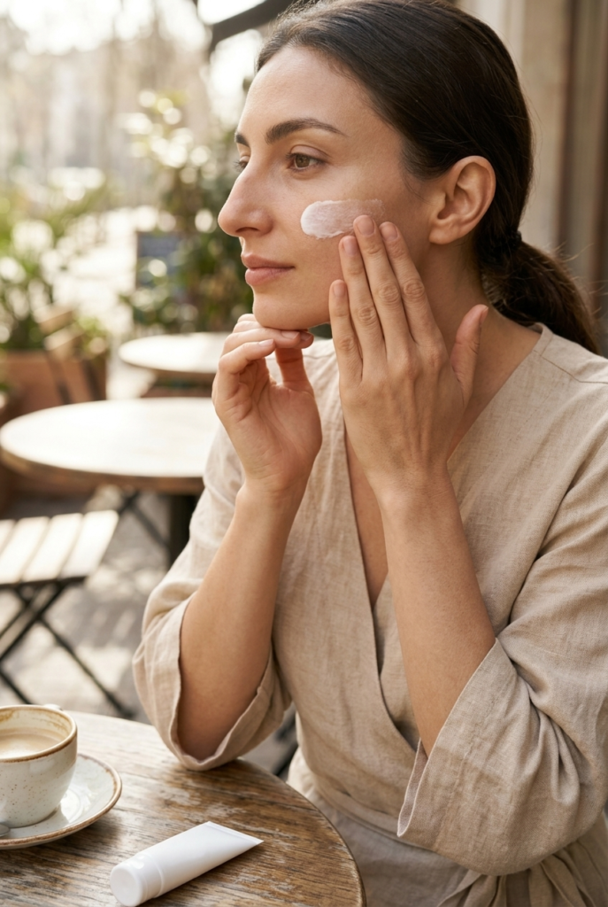 Switch to Non-Comedogenic Sunscreen (and Actually Wear It Daily) Woman applying sunscreen at an outdoor cafe table in the morning wearing a linen wrap blouse