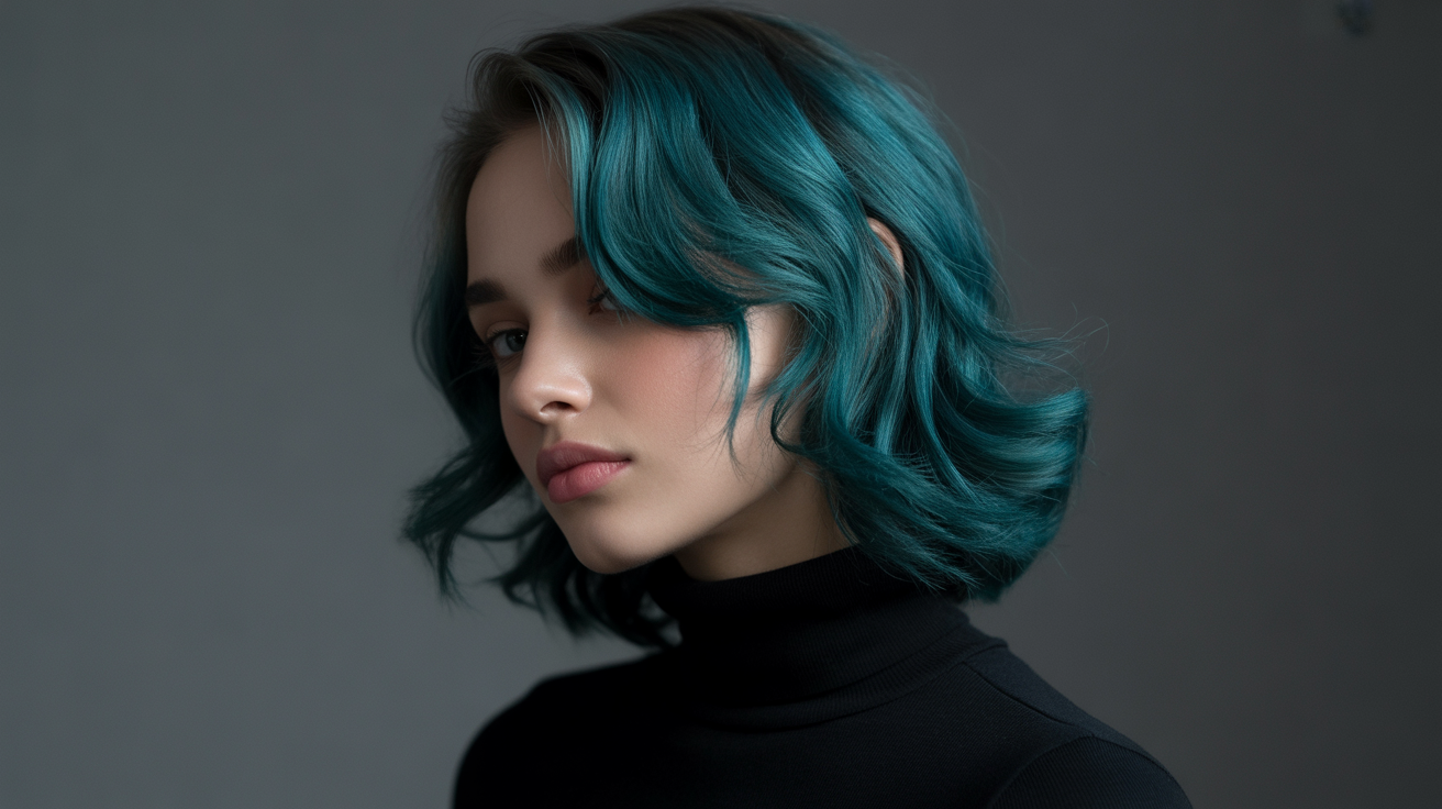 A striking studio portrait photograph of a young woman showcasing vibrant, professionally dyed teal hair, captured in a side profile view.