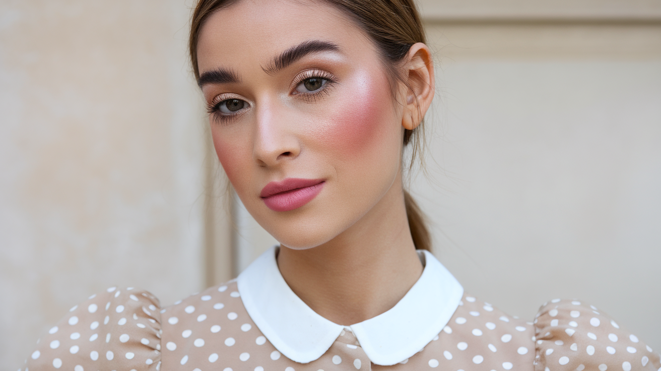 A medium shot of a woman with dewy summer makeup. She has a light beige foundation on her face, with a touch of blush on her cheeks. Her eyebrows are filled in and she is wearing a light gray eyeshadow. She has dark brown eyeliner and mascara. Her lips are a soft pink shade. She is wearing a beige dress with white polka dots and a white collar