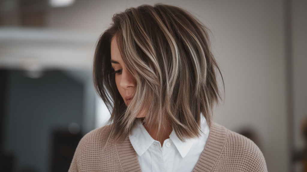 woman with a layered shag haircut. She has dark brown hair and is wearing a beige cardigan and a white shirt