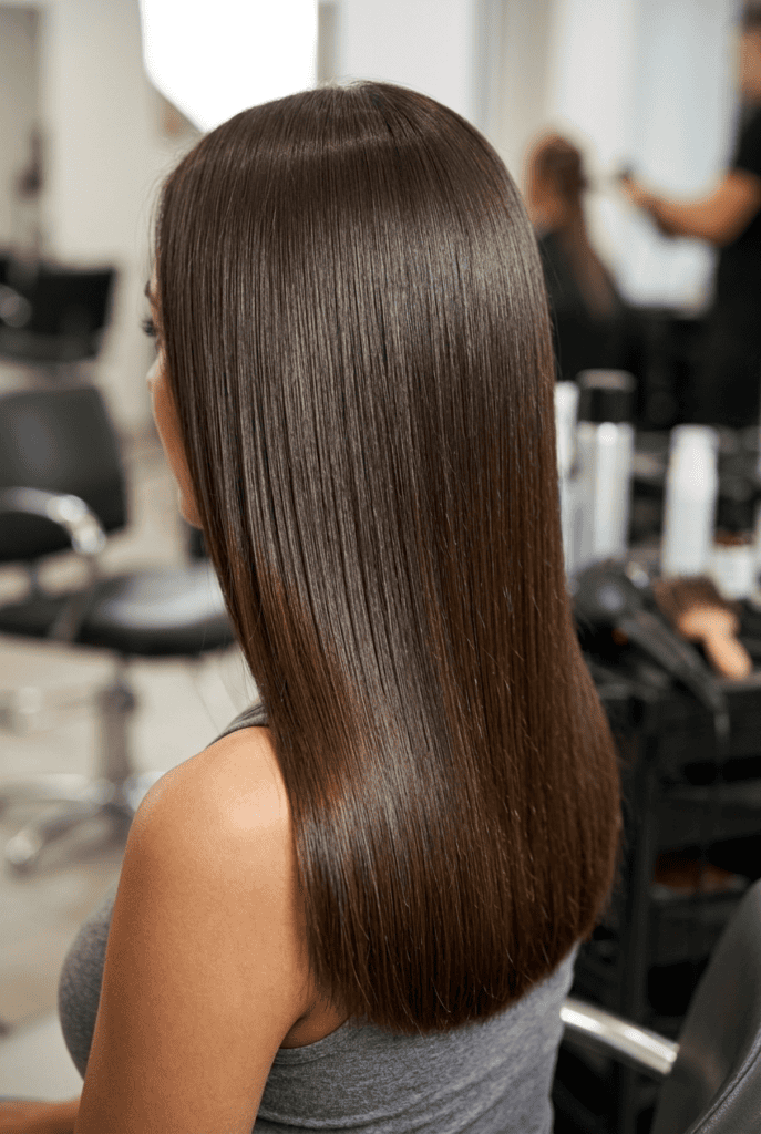 Pin straight sleek hair styled with heat protectant serum
