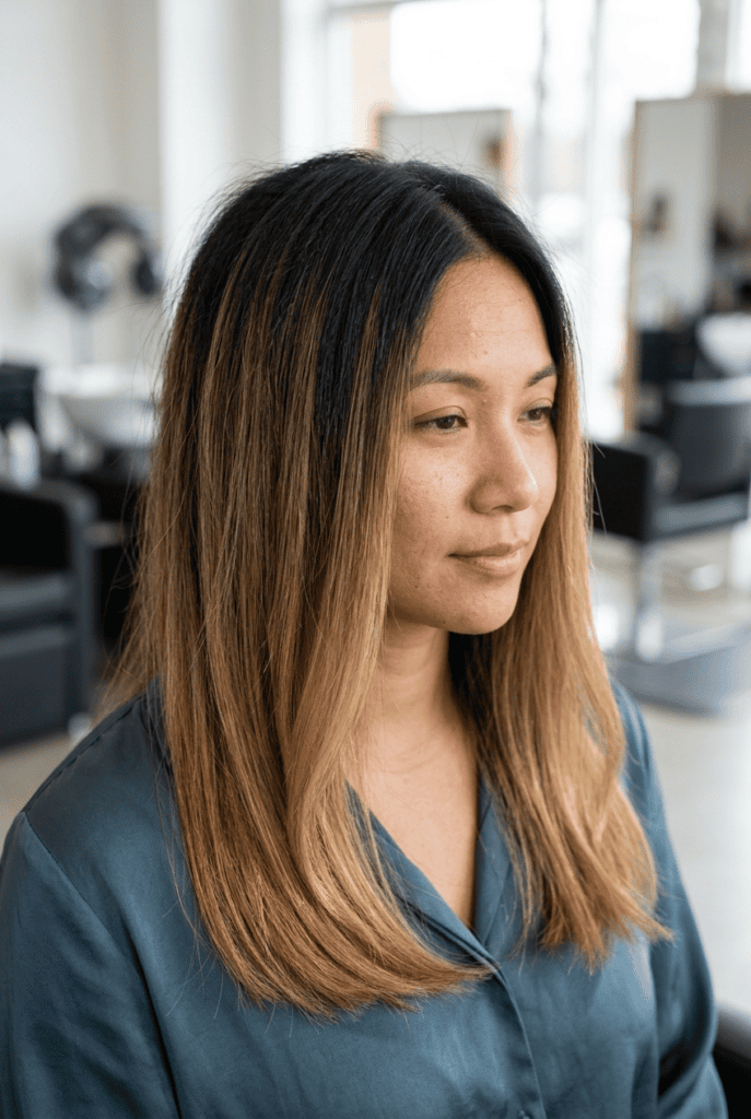 Woman with rooty teased balayage fading softly into lighter ends