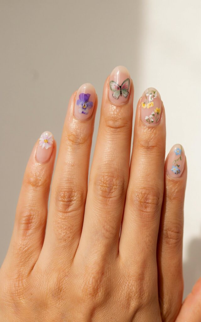 Teen girl hands with delicate floral and botanical nail art