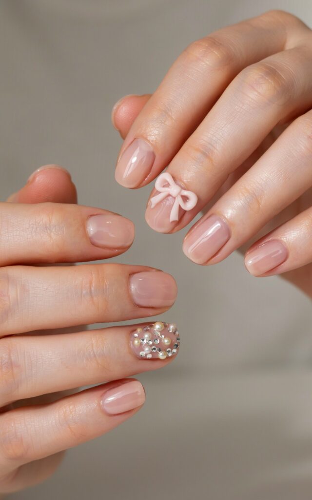 Teen girl hands with 3D rhinestone and bow embellished nails