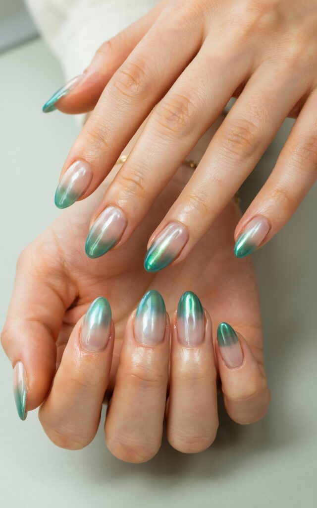Teen girl hands with chrome glass nail finish