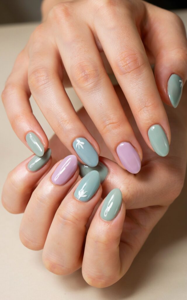 Teen girl hands with pistachio green and pastel nail art