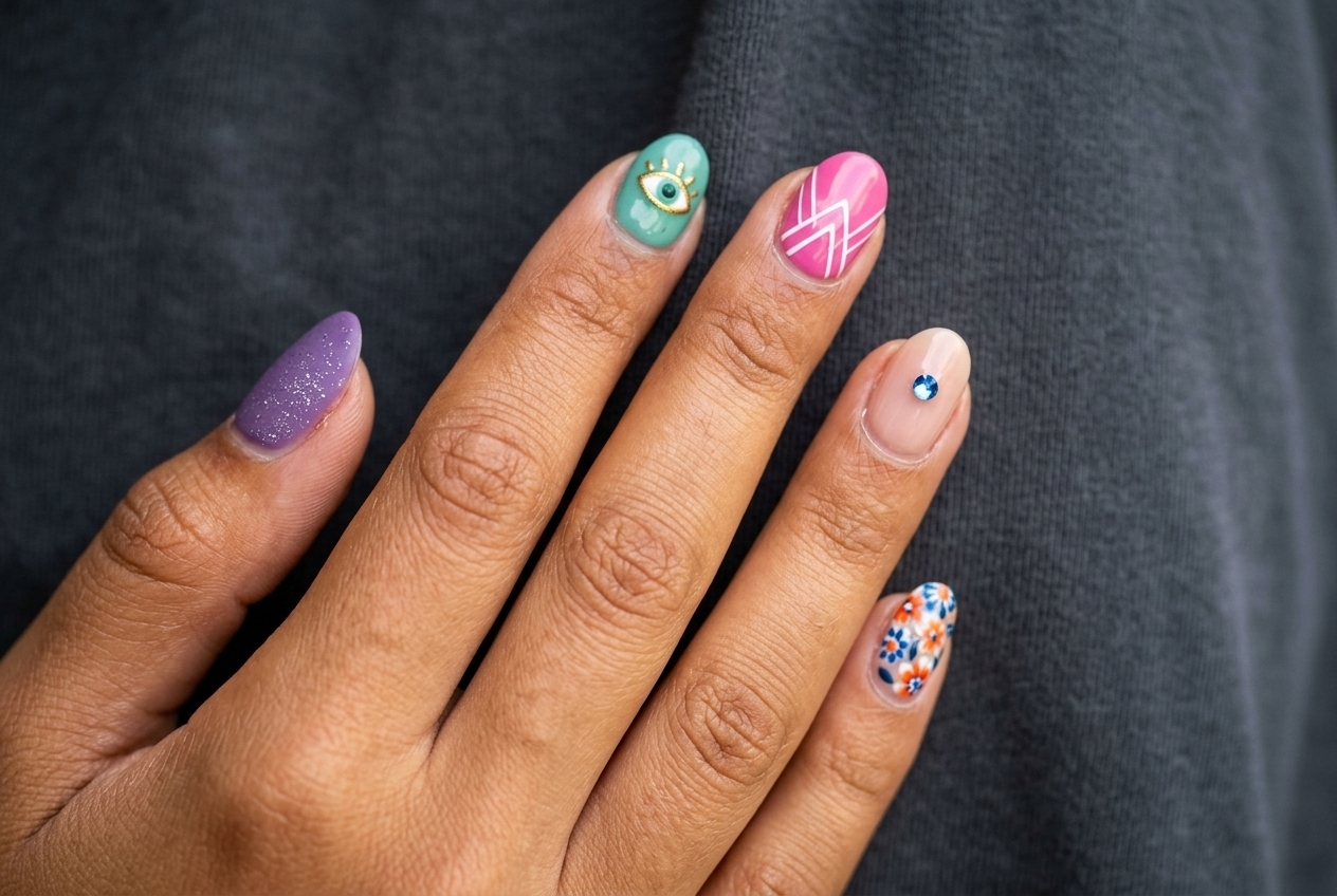 Teen girl hands with trendy colorful nail art