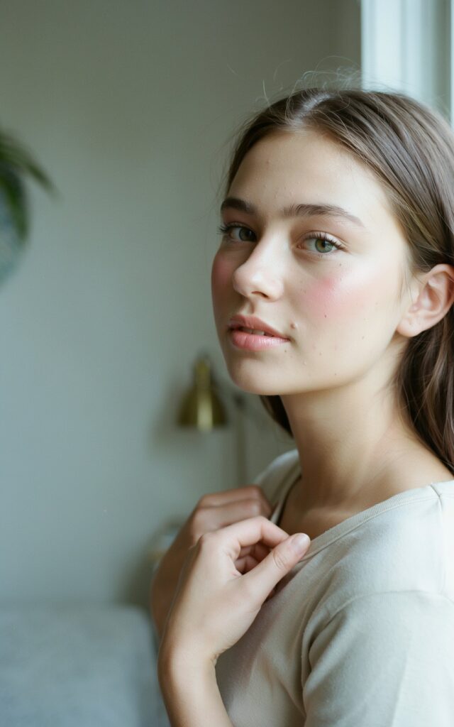Teen girl wearing clean girl makeup with dewy skin, pink cream blush, and glossy lips