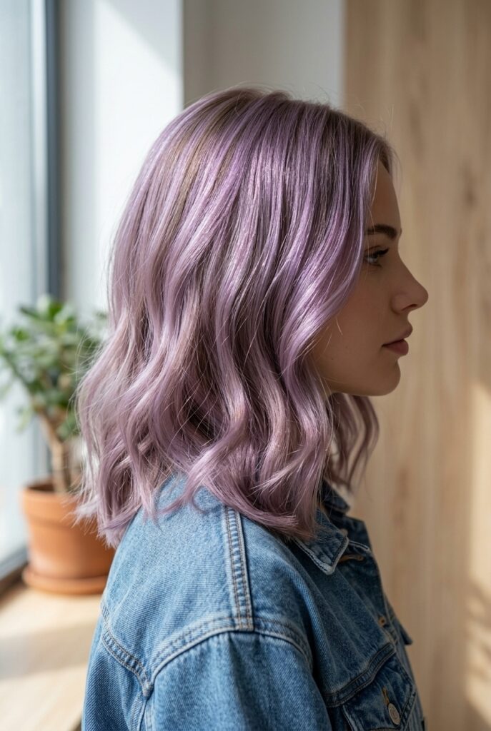 Teen girl with a soft lavender tinted hair gloss shimmering in natural light Teen girl with a soft lavender tinted hair gloss shimmering in natural light