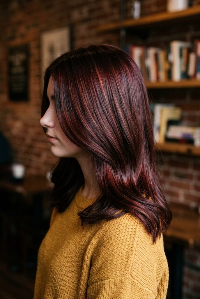 Teen girl with glossy cherry cola red hair in a side profile editorial shot Teen girl with glossy cherry cola red hair in a side profile editorial shot