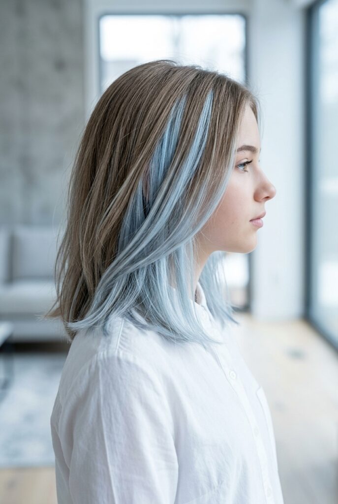 Teen girl with icy blue peekaboo streaks glinting silver in natural light Teen girl with icy blue peekaboo streaks glinting silver in natural light