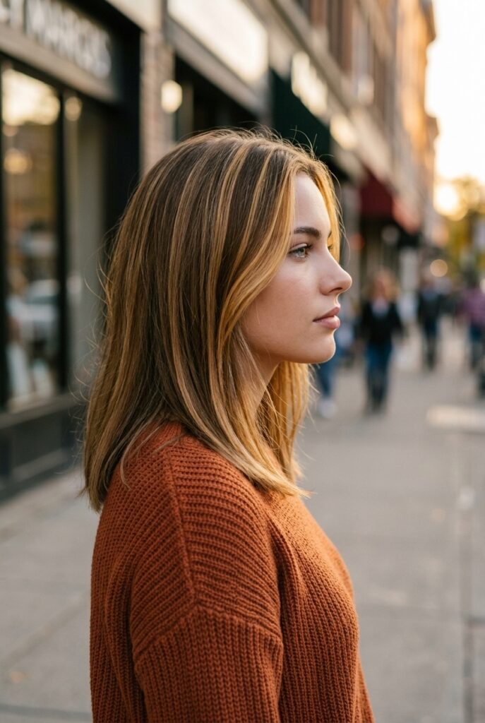 Teen girl with money piece highlights framing her face in a side profile shot Teen girl with money piece highlights framing her face in a side profile shot