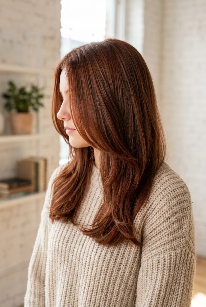 Teen girl with rich cowboy copper hair catching warm metallic light in a side profile shot Teen girl with rich cowboy copper hair catching warm metallic light in a side profile shot
