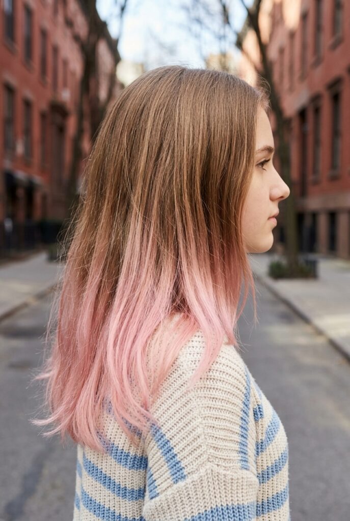 Teen girl with soft pink dip dye ends blended into a watercolor fade Teen girl with soft pink dip dye ends blended into a watercolor fade