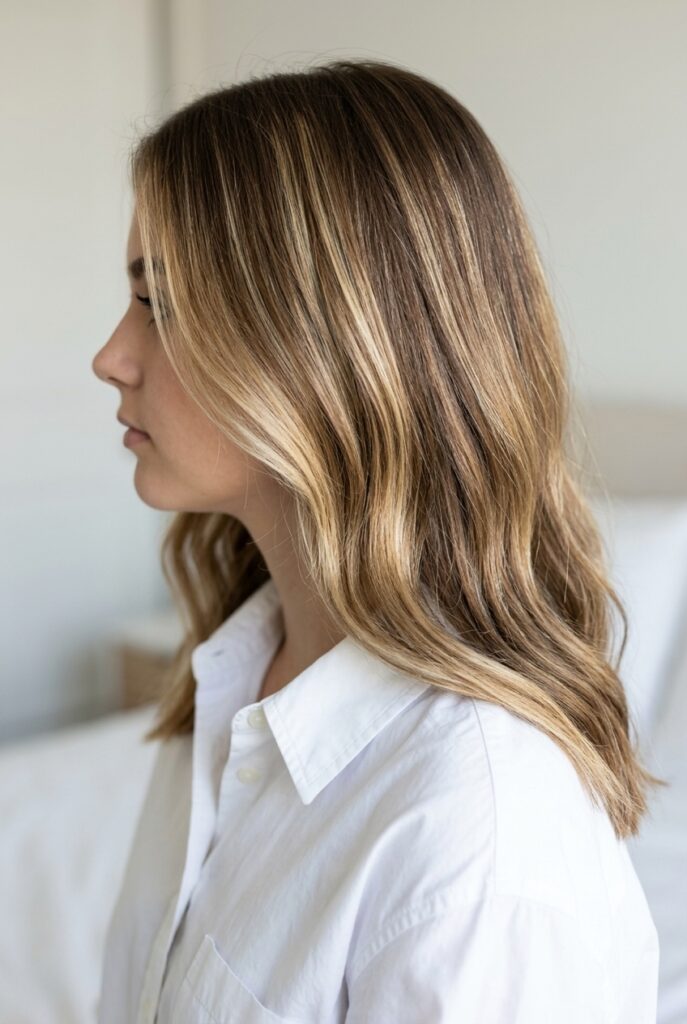 Teen girl with sun kissed bronde balayage blending brown and blonde in a side profile shot Teen girl with sun kissed bronde balayage blending brown and blonde in a side profile shot
