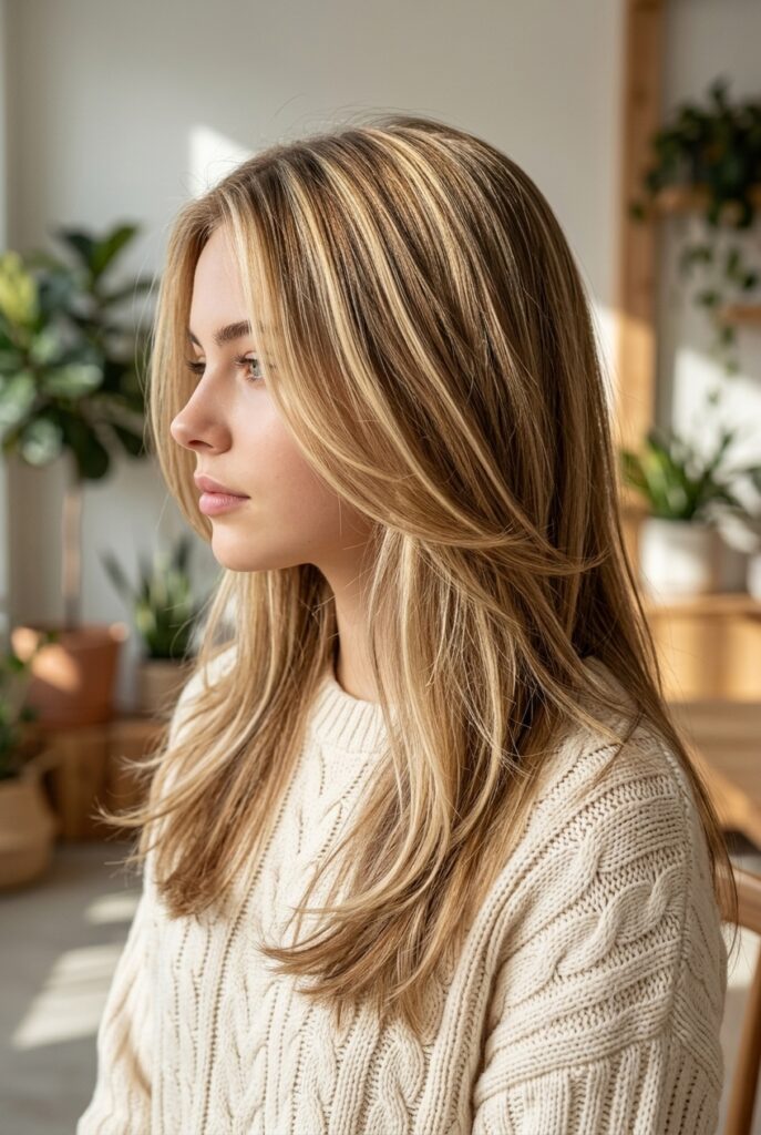 Teen girl with warm butter blonde highlights adding golden dimension to her hair Teen girl with warm butter blonde highlights adding golden dimension to her hair