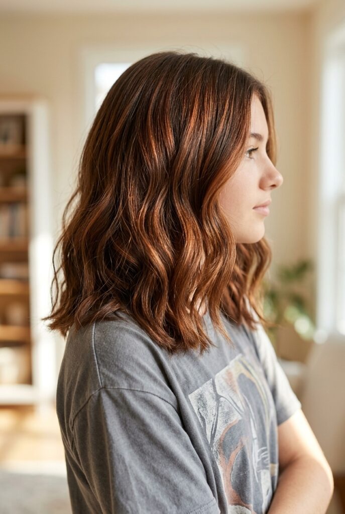 Teen girl with warm cinnamon brunette hair glowing with copper and chocolate dimension Teen girl with warm cinnamon brunette hair glowing with copper and chocolate dimension