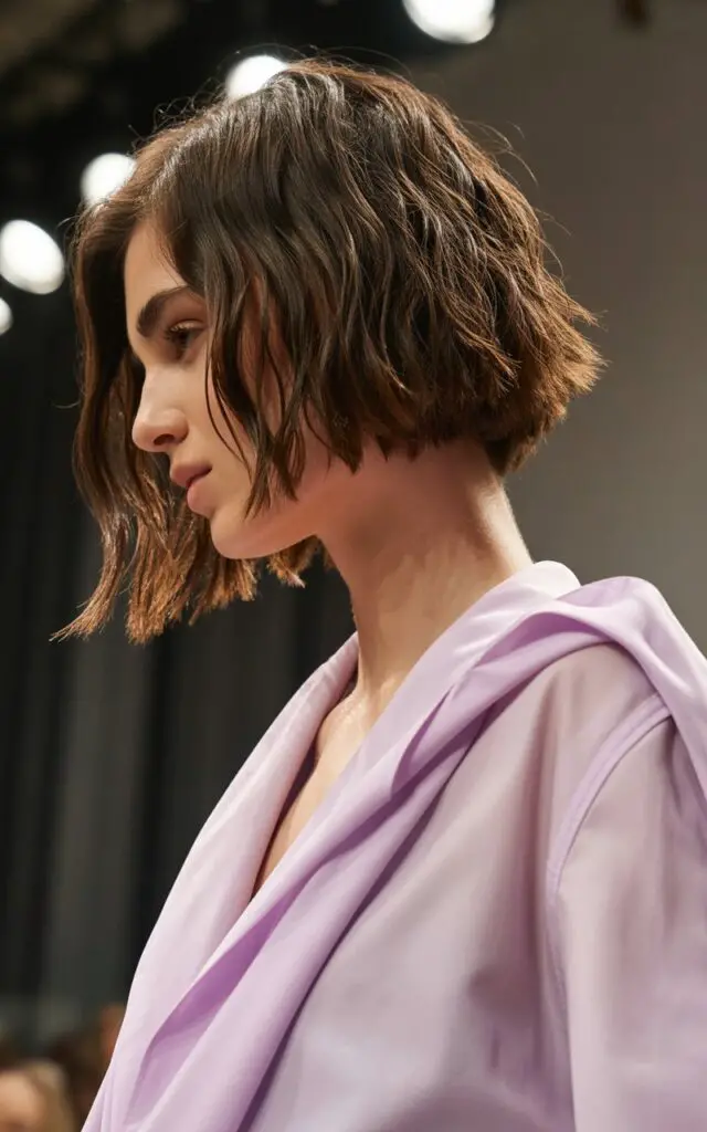 Textured Bob haircut with choppy piecey ends and relaxed undone casual styling