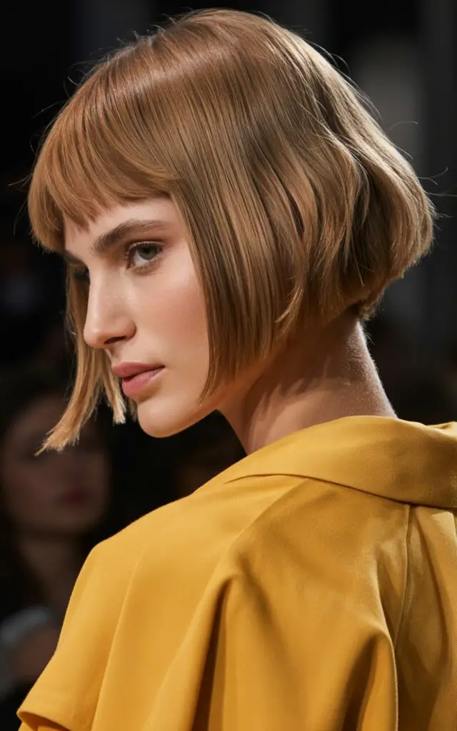Textured Bob with Bangs that frame face and draw attention to eyes for fresh youthful look