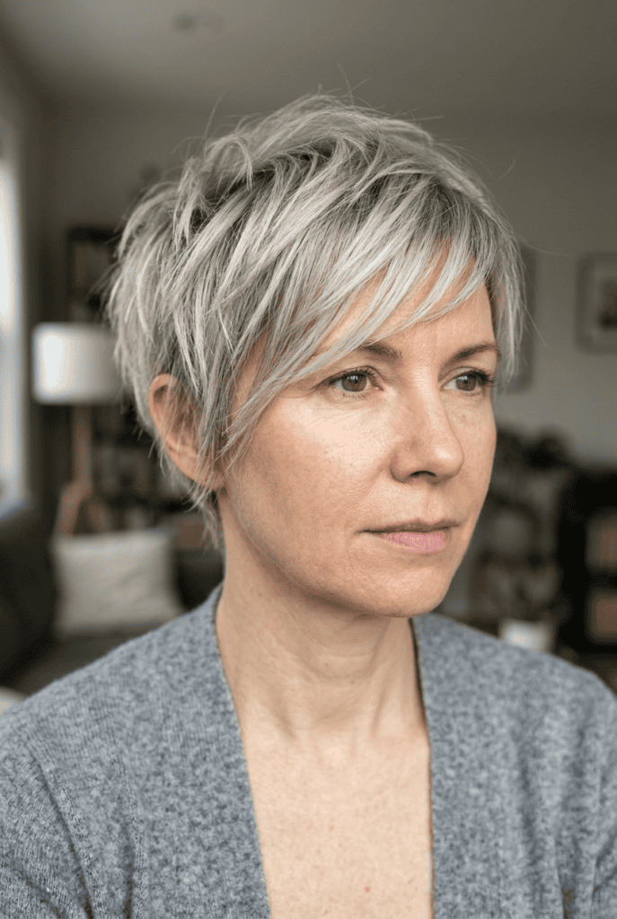 Textured crop haircut with side swept fringe and piecey layers