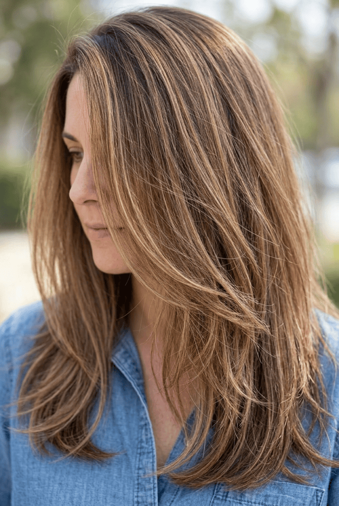 Textured Long Layers with Babylights Long textured hair with fine babylights highlights
