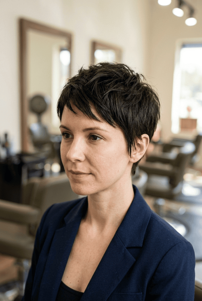 Woman with textured pixie haircut showing choppy layers