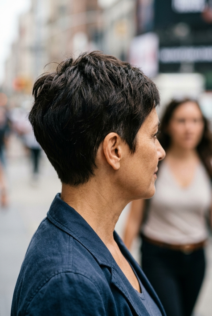 Woman with textured pixie crop haircut showing choppy layers