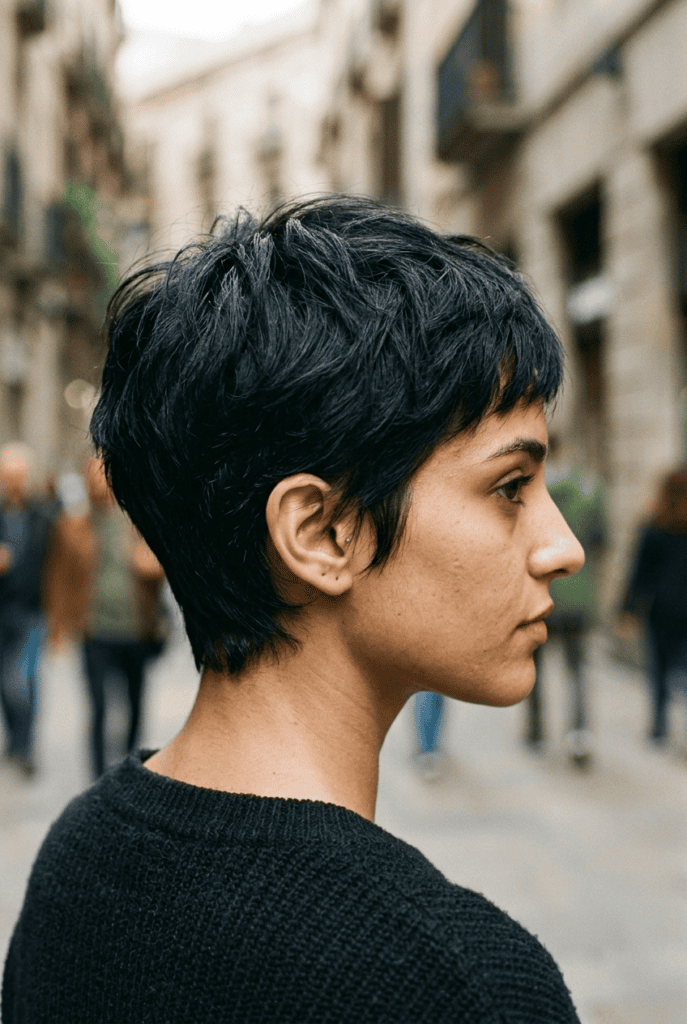 Textured Pixie Crop Woman with a textured pixie crop haircut with piece-y layers