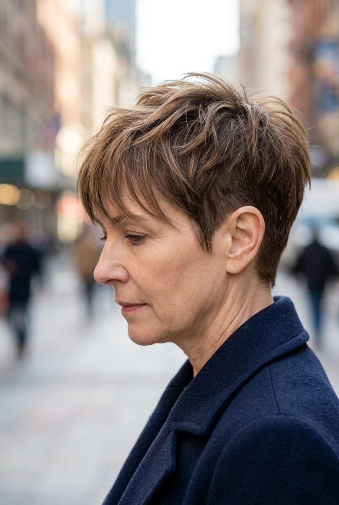 Mature woman with textured pixie haircut and soft fringe