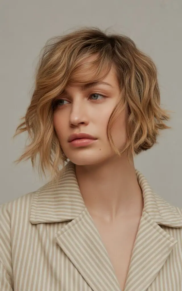 Textured Shaggy Bob with Side-Swept Bangs for Heart-Shaped Face