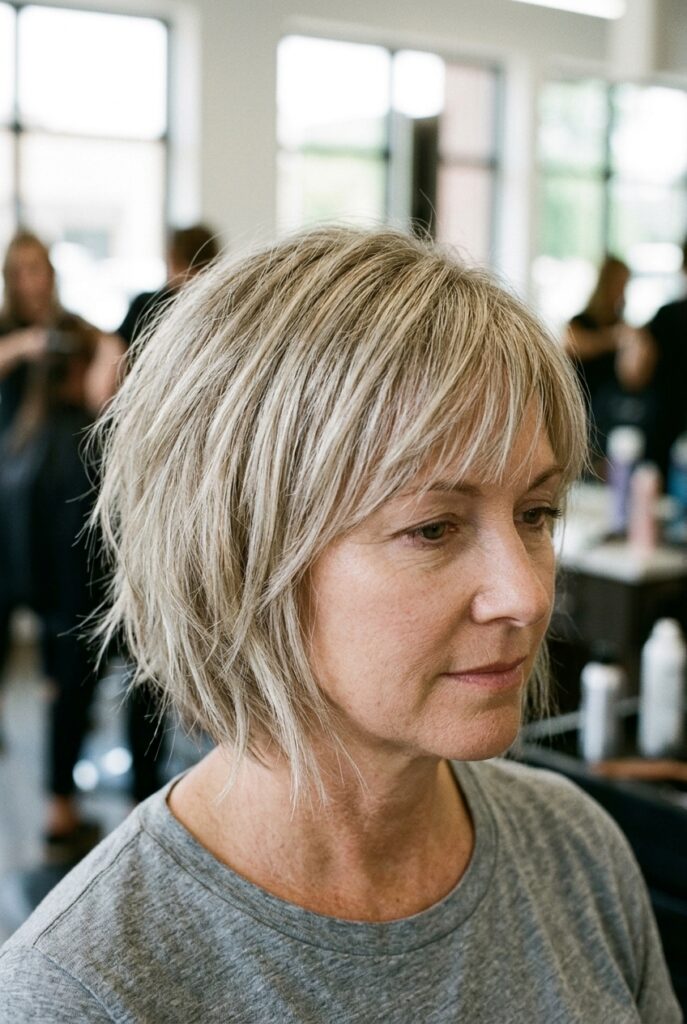 Textured bob with soft side swept bangs on a woman over 50