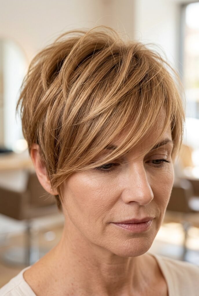 Textured crop haircut with side swept fringe on fine hair for a younger look