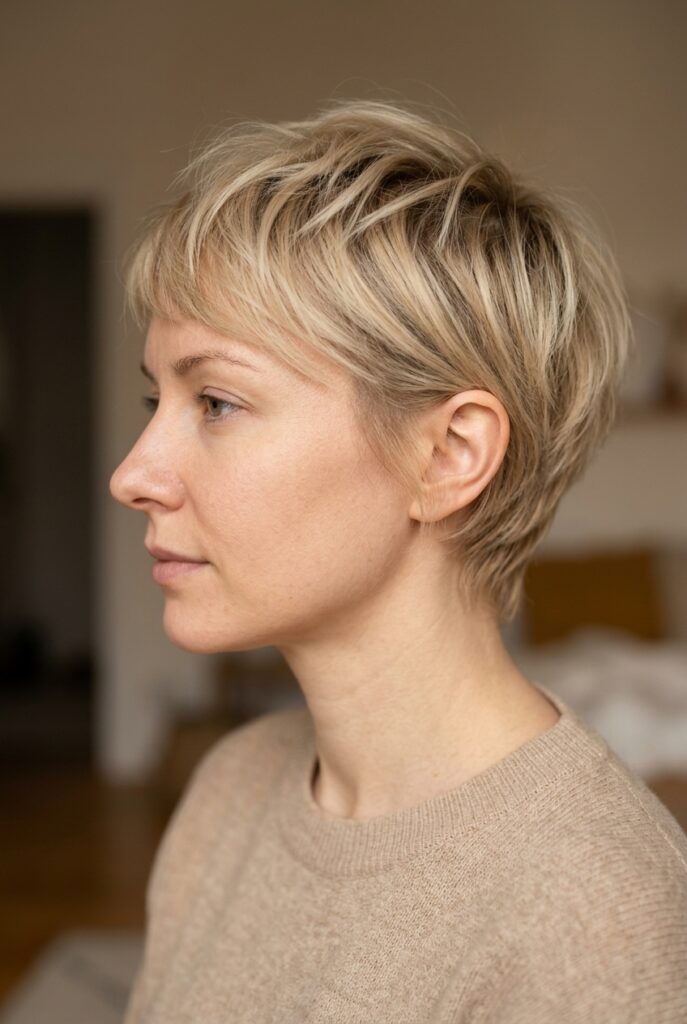 Textured pixie haircut with soft edges on an oval face