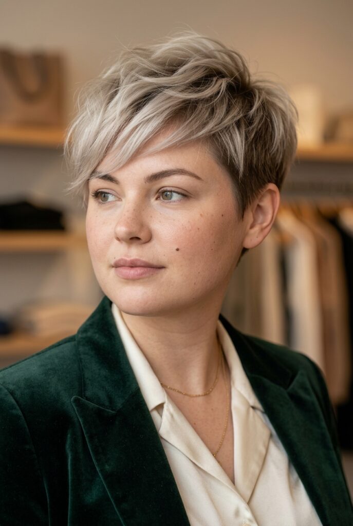 Textured pixie haircut with top volume on a round face