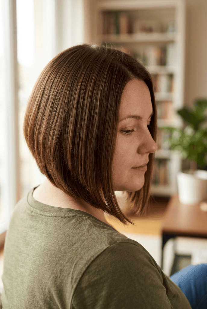 Woman with a round face and an A-line bob haircut