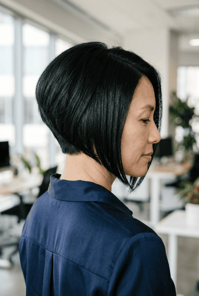 Woman with an angled stacked bob haircut sloping to the front