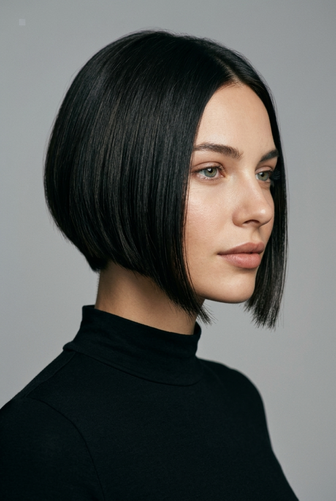 The Asymmetrical Bob A woman with an asymmetrical bob showing contrasting lengths on each side wearing a sleek mock neck top