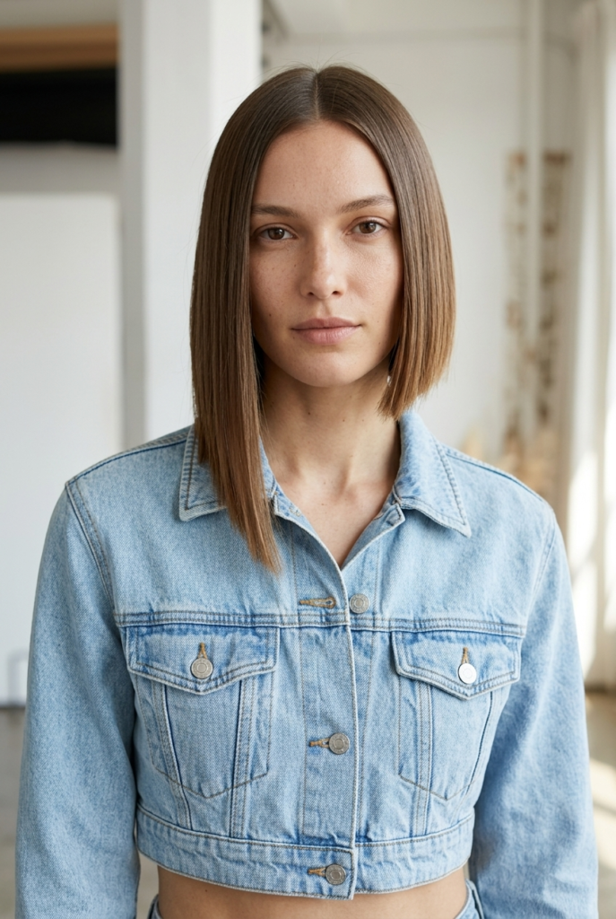 A woman facing front wearing an asymmetrical straight bob with one side longer than the other and clean precise edges in a blurred studio setting