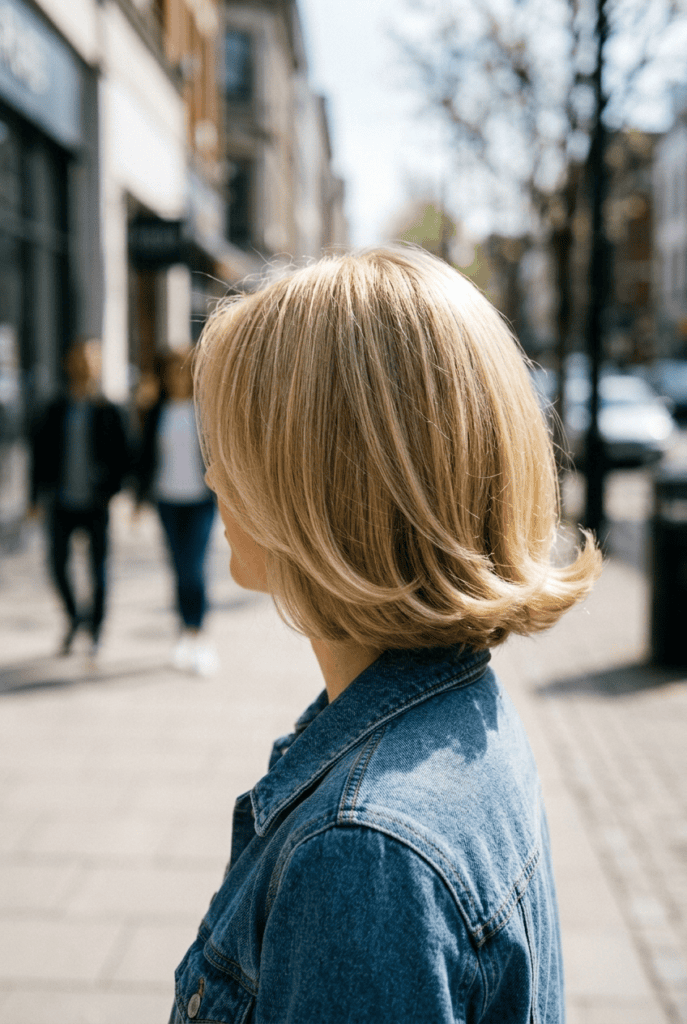 Woman with a glossy chin length bob and softly flicked end