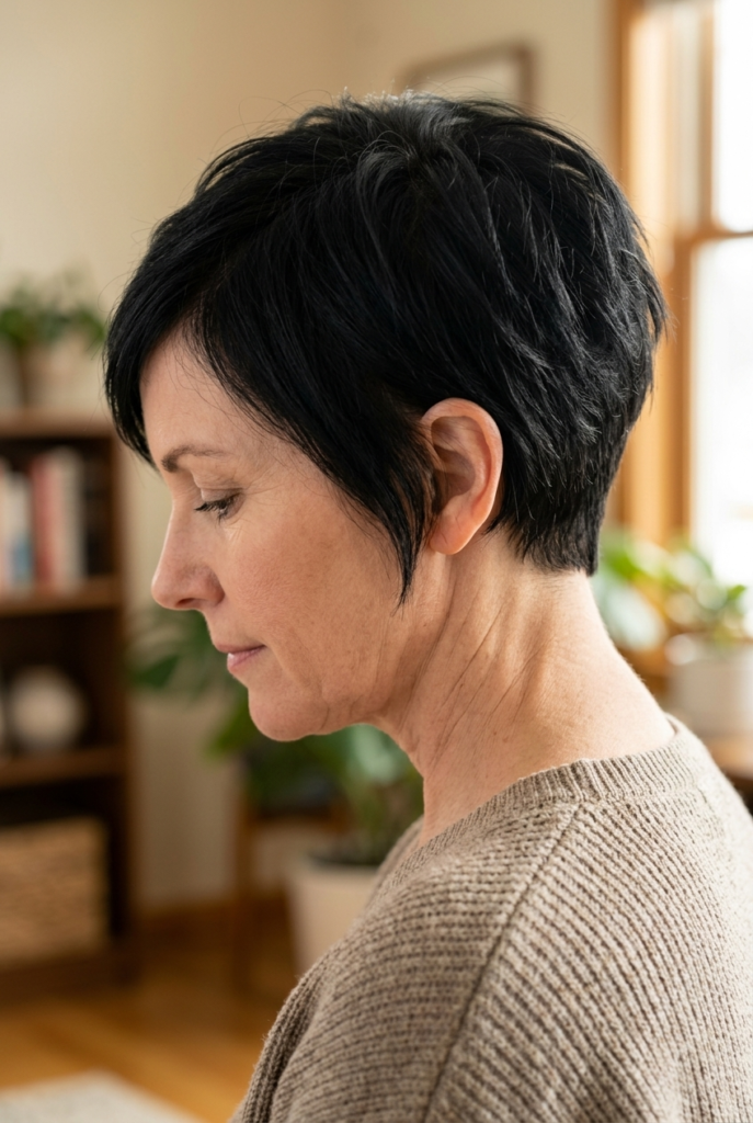 Mature woman with bixie haircut framing the jawline