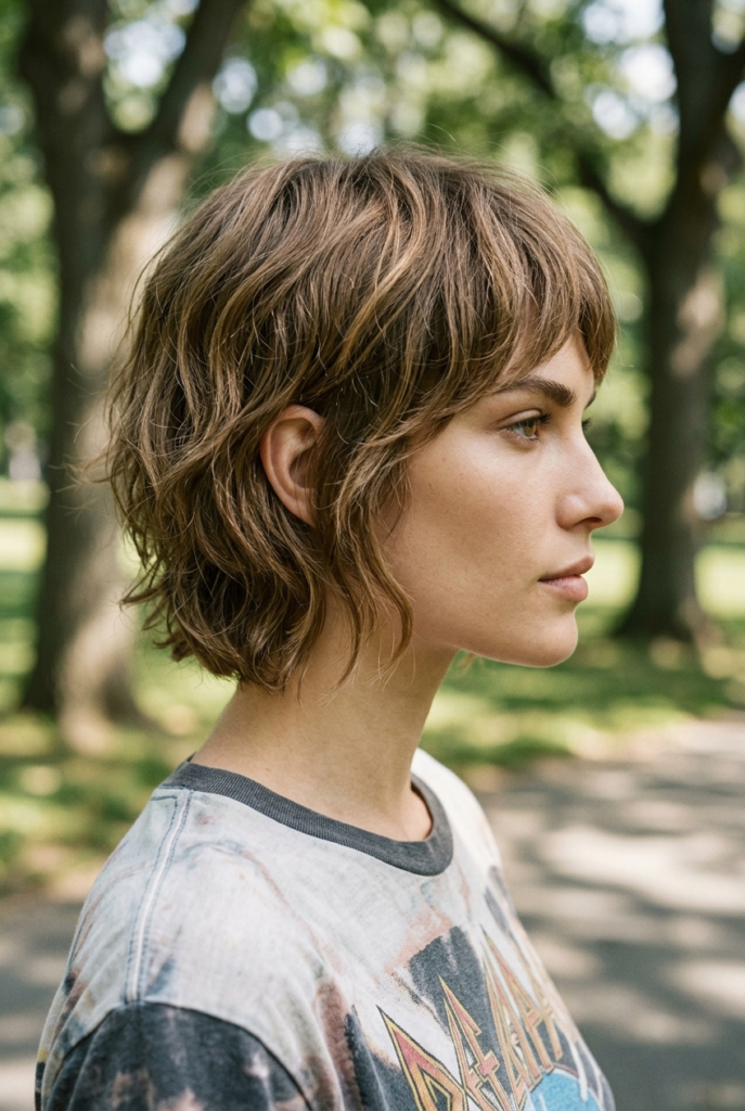 The Bixie Cut A woman with a textured bixie haircut wearing a casual graphic t-shirt outdoors in a park