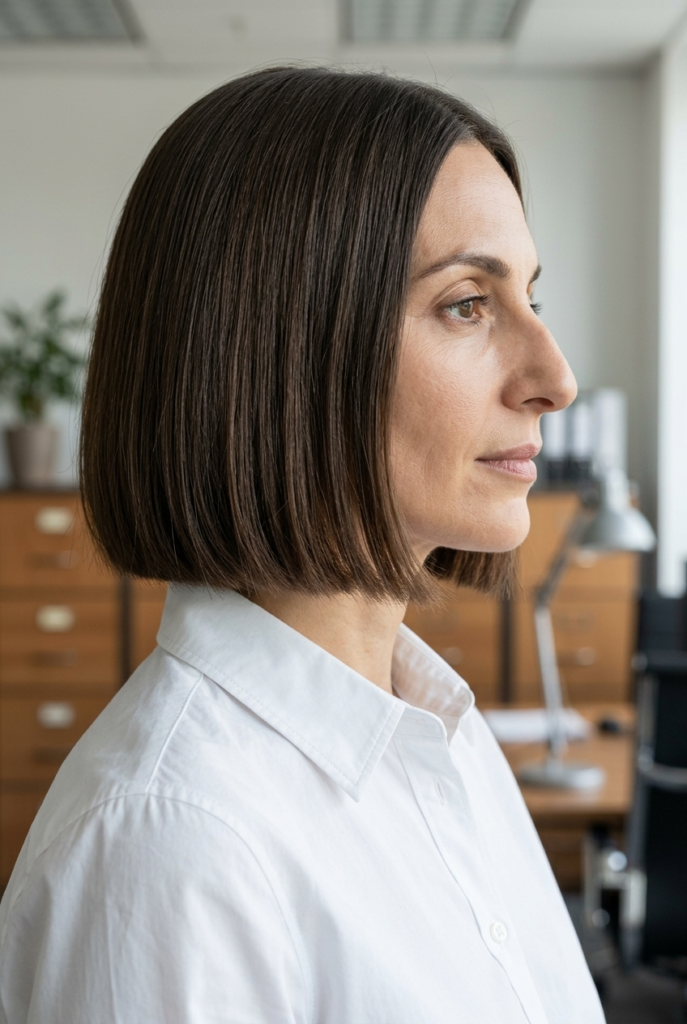 The Blunt Bob A woman with a sharp clean blunt bob wearing a crisp button down shirt in an office setting