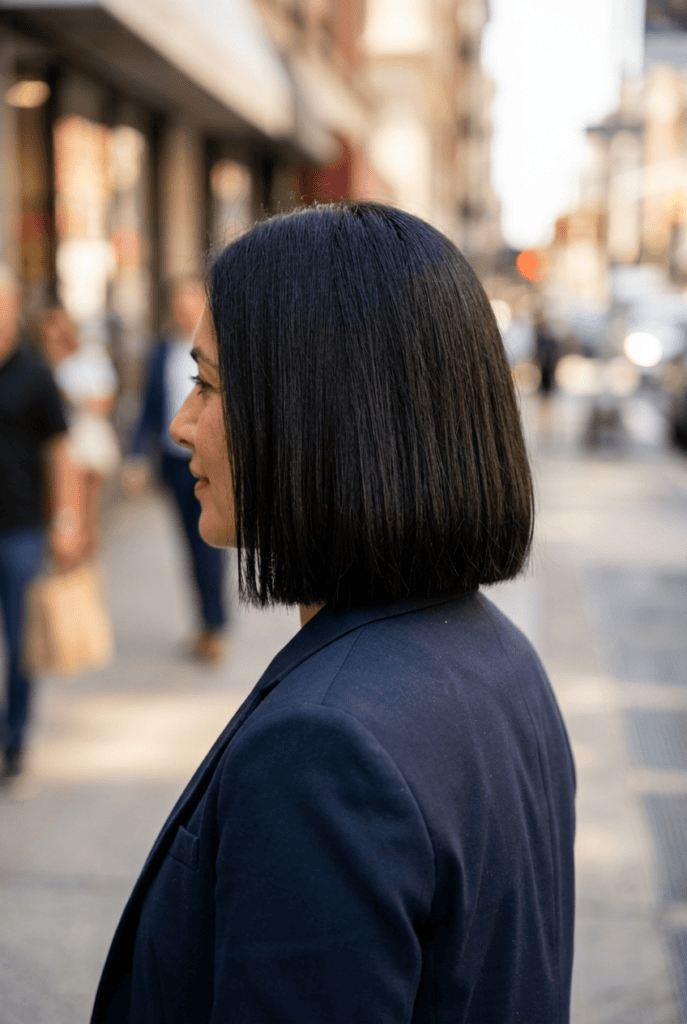 Woman with a blunt one length volume bob haircut