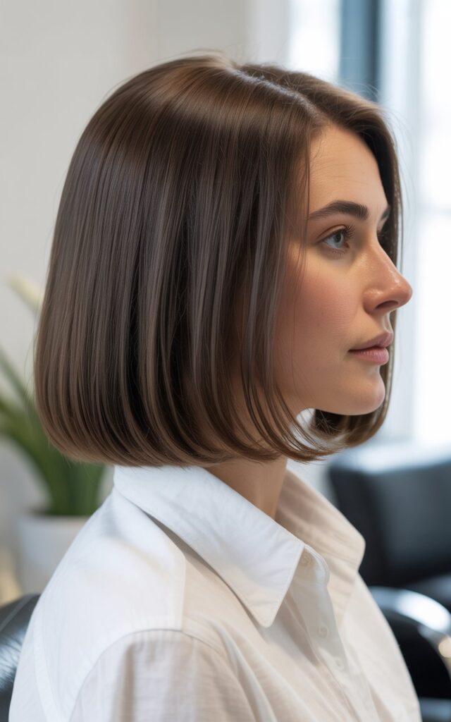 A polished professional woman in her late 30s shown in side profile, with a precise, immaculate blunt cut