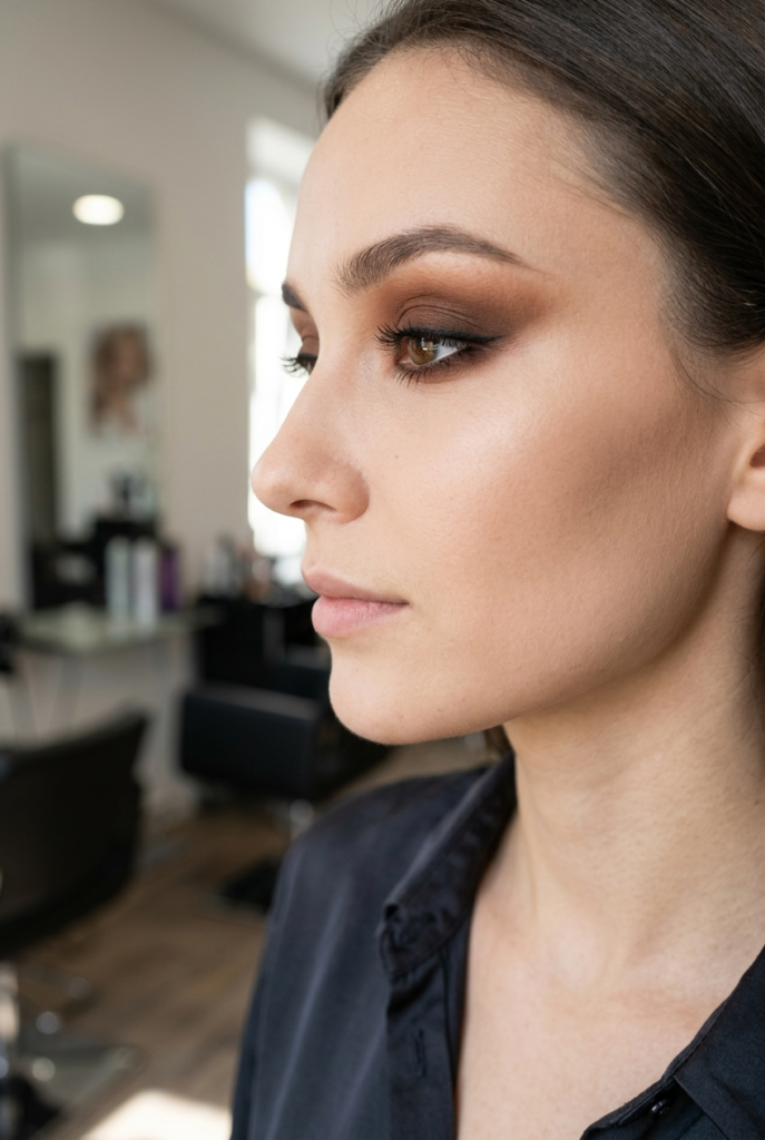 Woman with a warm brown smoky eye in side profile at a hair salon wearing a silk blouse