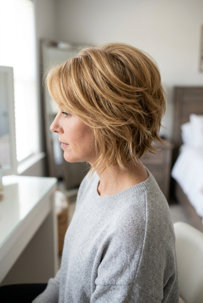 The Butterfly Bob Woman with soft layered butterfly bob haircut and volume