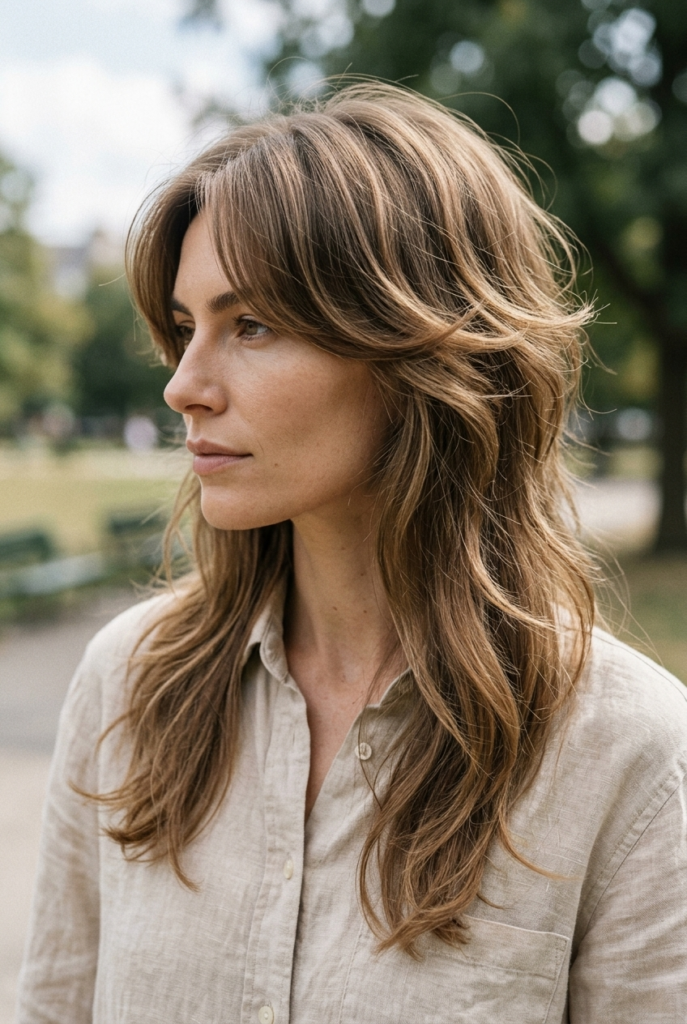 The Butterfly Cut Woman with a butterfly haircut showing lifted crown layers and soft cascading waves with curtain bangs