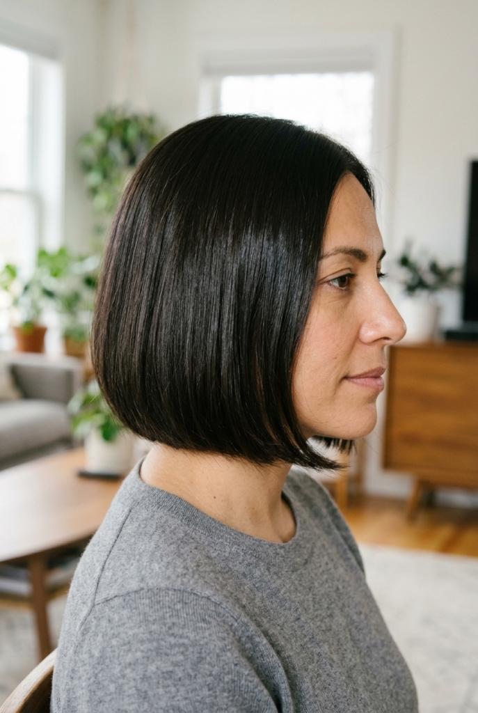 Woman with chin length bob hugging the jawline