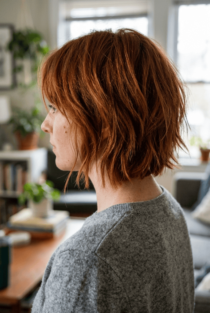 Woman with a choppy layered shag bob haircut