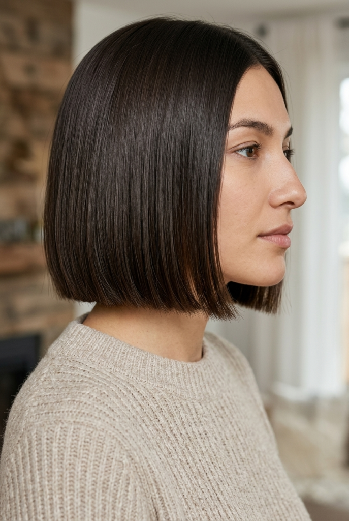 A woman in side profile with a sleek classic blunt bob cut straight at the jaw wearing a knit sweater in a softly blurred home interior